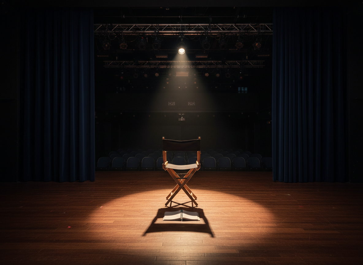 A meticulously detailed stage in a mid-sized black box theater, featuring deep navy velvet curtains parted to reveal a single spotlight illuminating an empty wooden director’s chair and an open script on the floor. The polished mahogany stage boards show subtle scuffs from past performances. In the dimly lit background, rows of simple dark seats fade into soft blur. Overhead, rigging and lights are barely visible in the shadows. Warm, focused stage lighting creates a dramatic cone of light and long, expressive shadows, evoking anticipation before a performance. Photographic realism, eye-level composition with shallow depth of field, conveying a professional, contemplative atmosphere ideal for a theater ensemble homepage hero image.