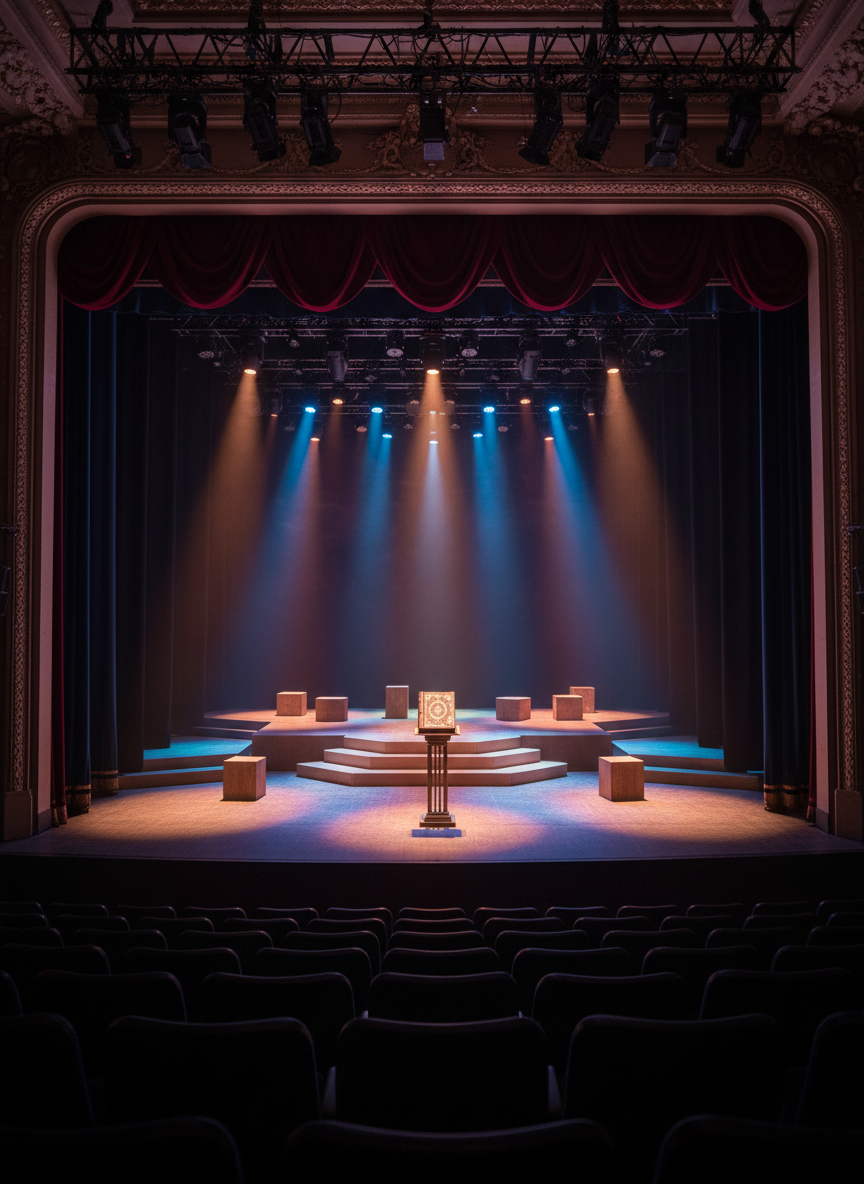 A dramatic, wide photographic shot of an empty proscenium stage set for a contemporary production, featuring minimalist modular platforms, a few carefully placed wooden cubes, and a single symbolic prop such as a gilded book on a pedestal. The stage is framed by dark, rich curtains, while overhead, a grid of warm amber and cool blue stage lights creates a layered wash of color, forming gradients across the floor. Haze lightly softens the beams, adding depth. The auditorium seats are hinted at as dark silhouettes in the foreground. Captured from the center aisle at eye level with deep focus, the image feels cinematic, polished, and professional, conveying readiness for a major performance and suitable for advertising ensemble productions.