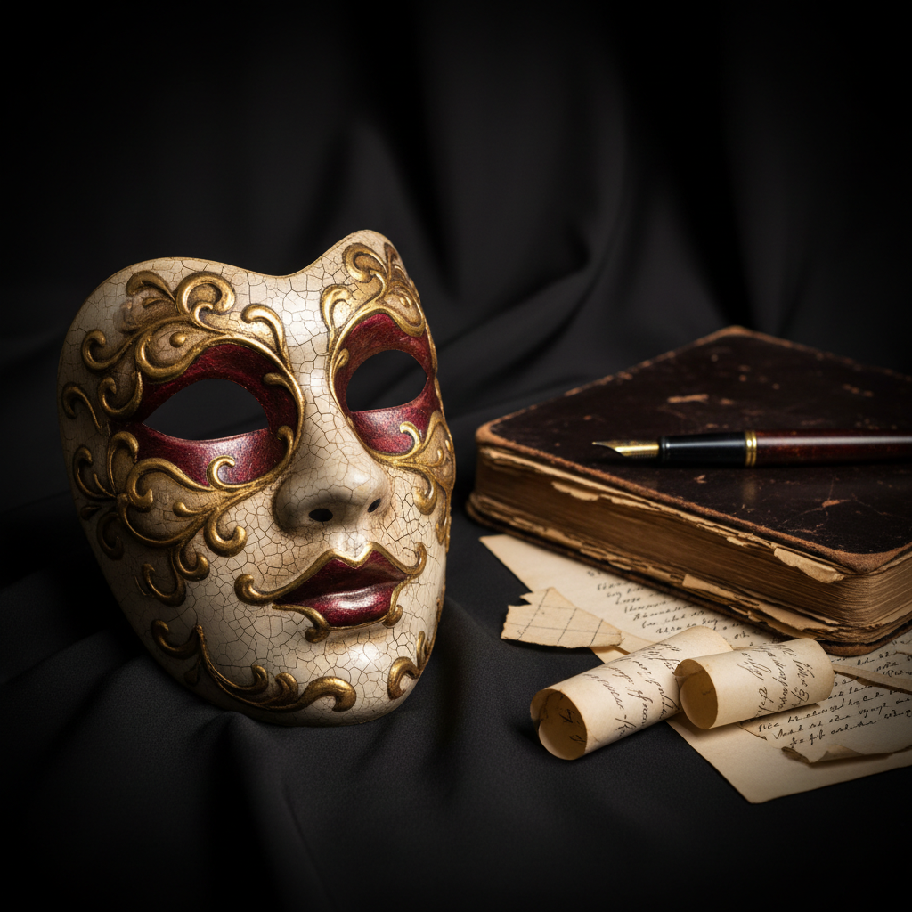 A close-up of an ornate, hand-painted theater mask resting on a smooth black fabric backdrop, its surface showing intricate gold filigree, deep red accents, and delicately cracked ivory paint that suggests years of use. Beside it lies a worn leather-bound script with frayed edges, a fountain pen, and a few scattered, curling rehearsal notes. Soft diffused studio lighting from the left creates subtle highlights on the mask’s contours and gentle shadows that enhance texture. The background falls into velvety darkness with a slight bokeh effect. Shot from a slightly elevated angle, photographic realism, the mood is introspective and artistic, reflecting the craft and history of performance rather than spectacle.