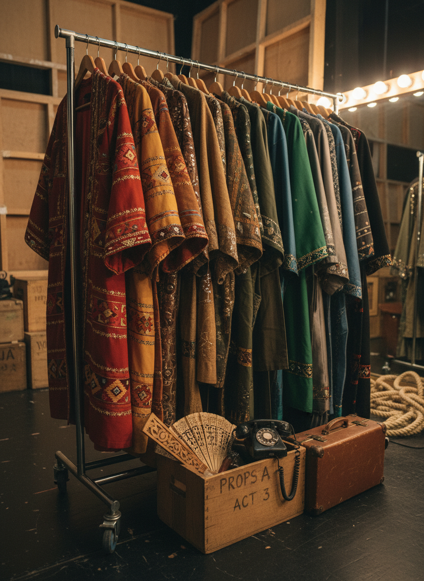 A detailed backstage vignette showing an open metal costume rack filled with richly textured garments: embroidered Filipino-inspired fabrics, muted earth-tone cloaks, and neatly hung contemporary pieces, all arranged by color. On the scuffed black floor sits an organized crate of labeled props, including a wooden fan, a vintage telephone, and a worn leather suitcase. A strip of bright dressing-room bulbs along the edge of an unseen mirror casts warm, directional light, creating highlights on sequins and subtle reflections in small metal accessories. The background fades into a soft, shadowy blur of stage flats and coiled ropes. Photographic realism, slightly low-angle composition, the mood is industrious and behind-the-scenes, emphasizing the ensemble’s craftsmanship and attention to detail.