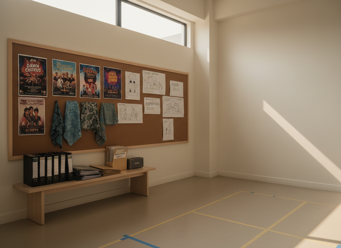 A serene corner of a contemporary rehearsal studio in Cebu City, featuring a large wall-mounted corkboard filled with pinned production posters, fabric swatches, and neatly sketched set designs labeled with dates and notes. Below it, a low wooden bench holds organized binders, labeled folders, and a small, modern Bluetooth speaker. The floor is smooth, neutral-toned laminate with faint tape marks from past staging. Soft afternoon light filters through a high window, casting gentle, angled shadows and giving the room a warm, productive glow. Photographic realism with a wide-angle, eye-level composition, sharp focus across the frame, conveying a professional yet inviting atmosphere suitable for showcasing long-term theater programs and collaborative planning.