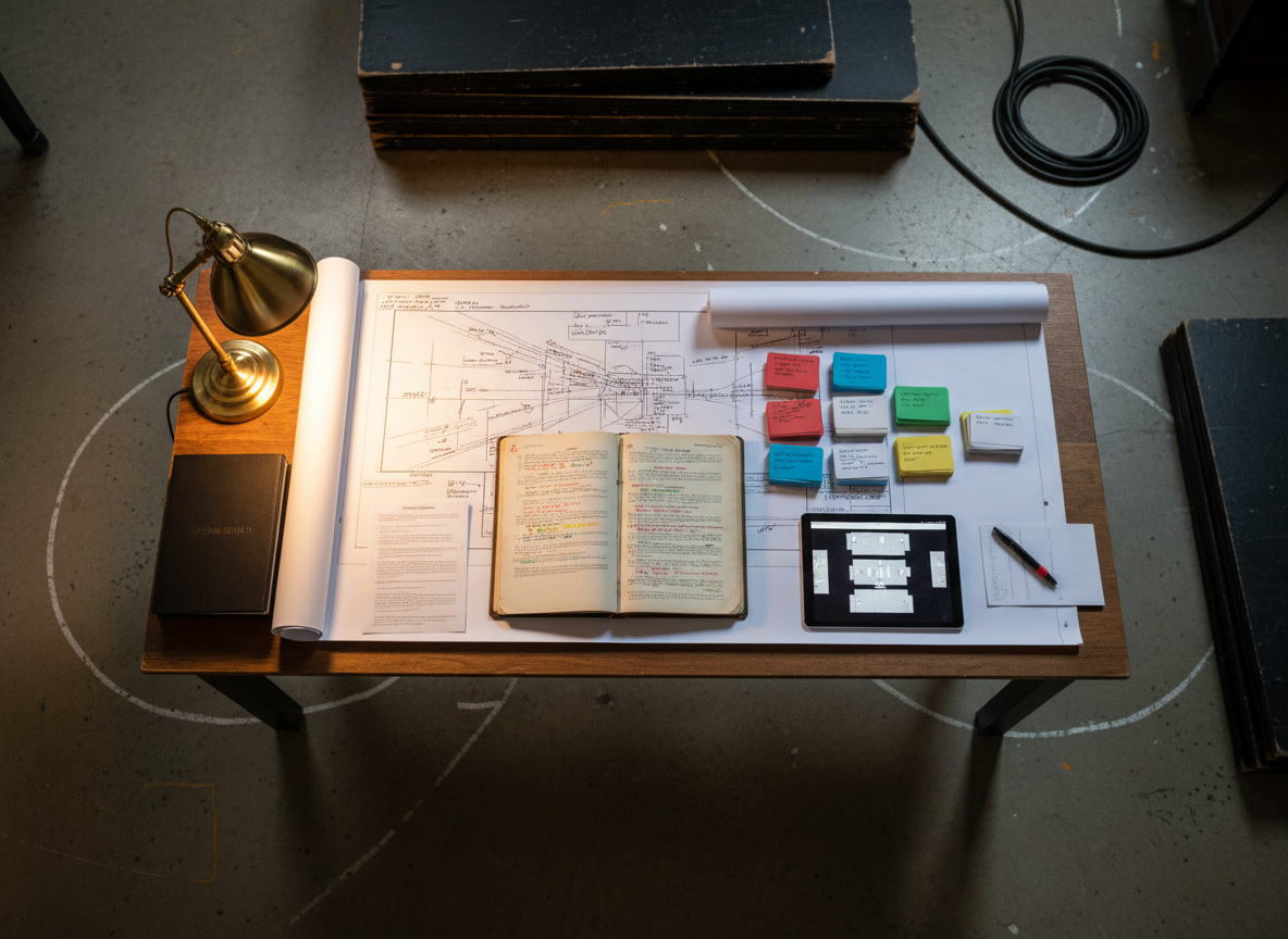 An overhead photographic view of a large wooden rehearsal table covered with neatly arranged theater production materials: color-coded cue cards, a detailed lighting plot, a dog-eared script marked in multiple ink colors, a digital tablet showing a stage layout, and a single vintage brass desk lamp casting a warm pool of light. The surrounding space is a simple studio with concrete flooring and faint chalk markings indicating blocking positions. The rest of the room is softly out of focus, with hints of stacked black platforms and coiled cables. The lighting is warm and focused around the table, creating a sense of organized creativity and professional planning, captured in sharp detail with a clean, modern documentary aesthetic.