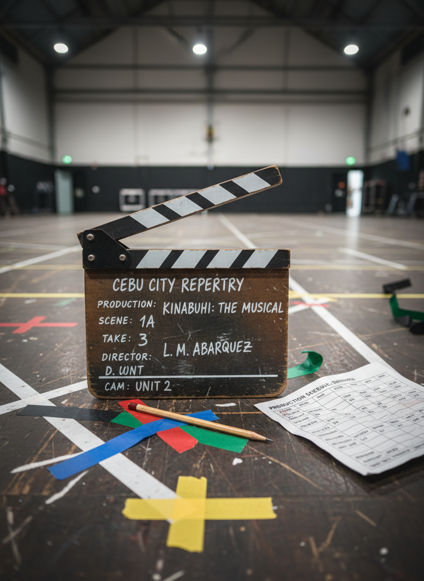 A close, photographic macro shot of a well-used clapperboard labeled with a fictional Cebu City theater production title, resting on a heavily marked wooden rehearsal floor. Around it are scattered colored gaffer tape strips, a sharpened pencil, and a printed schedule of a six-month program with dates and milestones clearly visible though not fully readable. Soft, even studio lighting from above reveals the grain of the wood and the slight wear on the clapperboard edges. The background fades into gentle blur, suggesting an expansive studio. The mood is organized, industrious, and modern, hinting at structured training programs and professional production workflows.